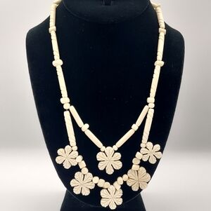 Vintage Carved Bone Floral Necklace Cream Beaded Tribal Boho Statement